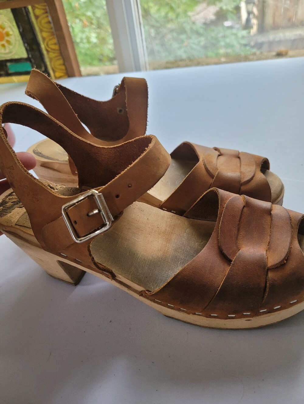 Lotta's 38/7.5 Women's Tan Leather Slingback Clog Sandals - Picture 3 of 10
